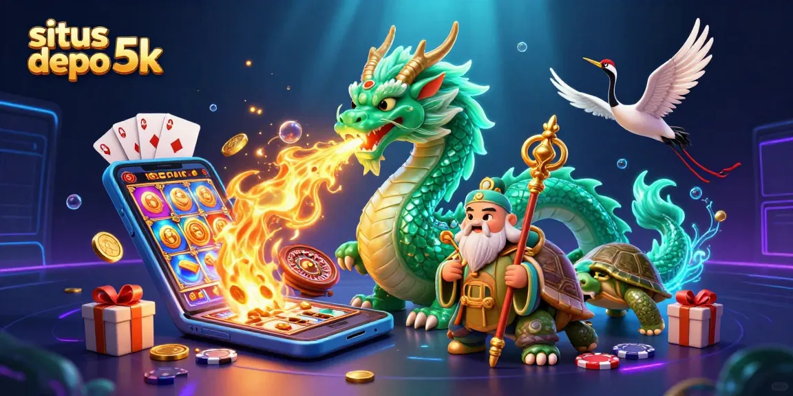 Experience thrilling wins with situs depo 5k, featuring a vibrant dragon and cartoon characters amidst slot game excitement.