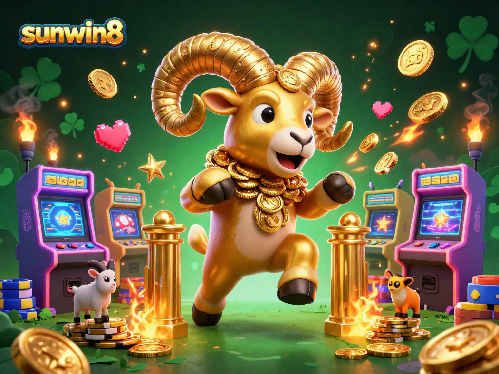 Engage in thrilling gameplay at sunwin8 with a golden ram charging through a colorful casino arcade.