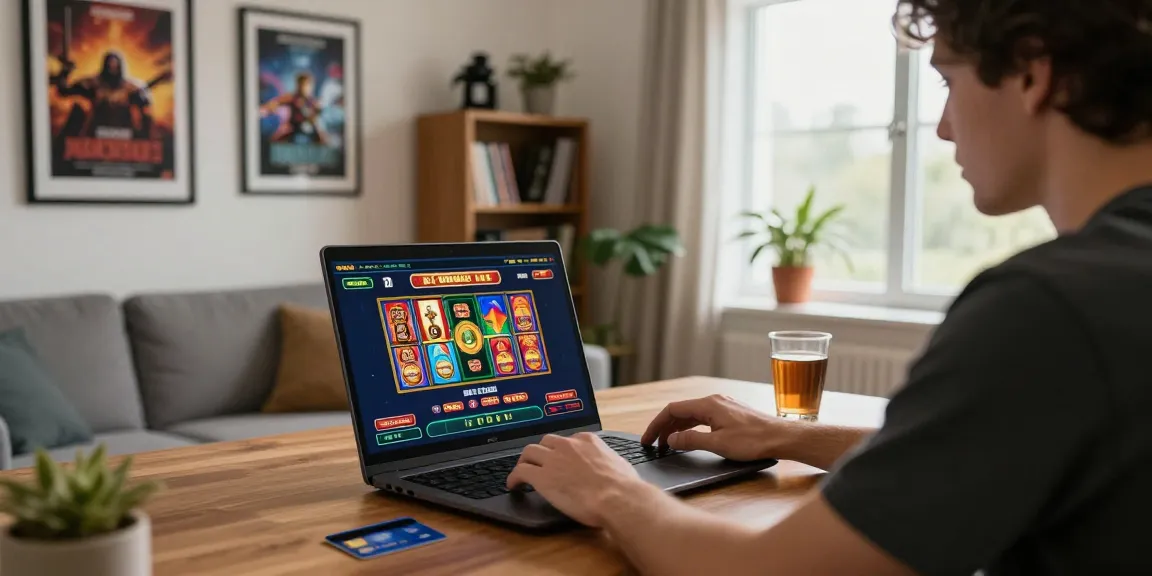 Player enjoying credit card casinos online at home, surrounded by gaming graphics and cozy ambiance.