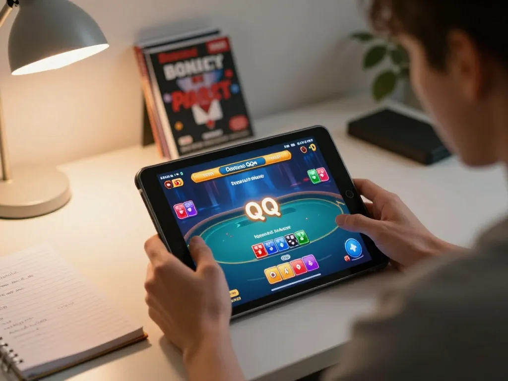 Person plays Poker Online Domino QQ on tablet in a cozy home setting, showcasing strategic gameplay.