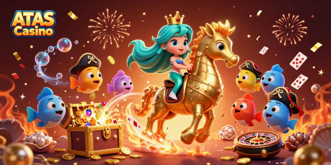 Experience the vibrant excitement of ATAS Casino with a colorful underwater scene featuring a mermaid princess and lively ocean characters.