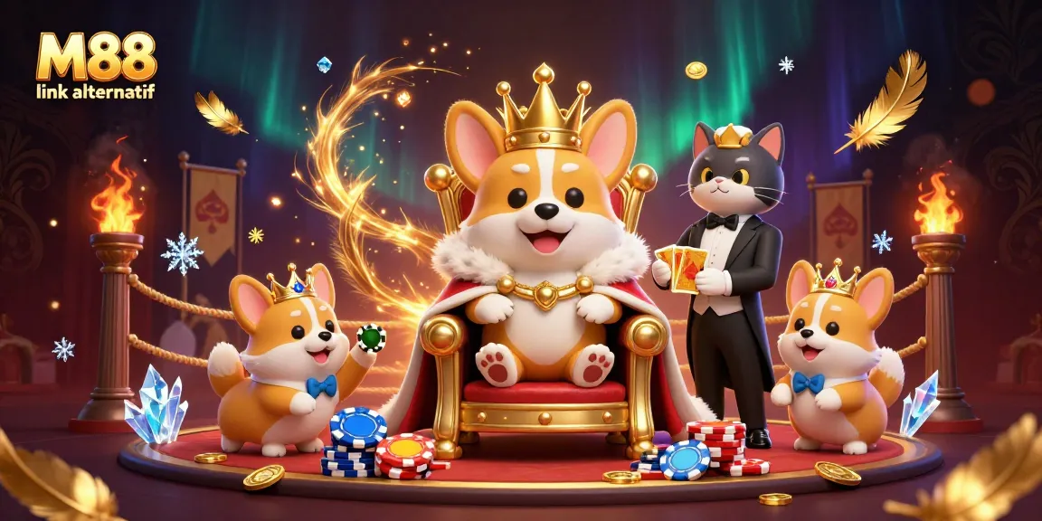 Engage with the M88 link alternatif in this vibrant 3D casino scene featuring royal corgi and dynamic gambling elements.