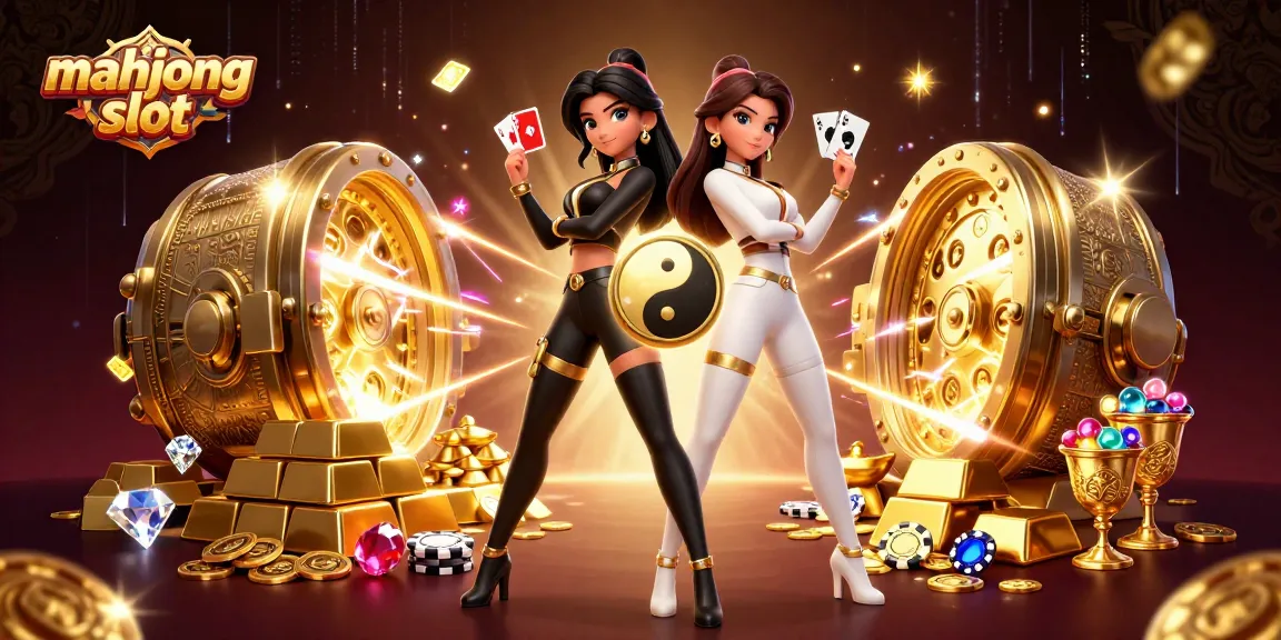 Engage with mahjong slot excitement in a vibrant, luxurious casino scene featuring stunning twin Asian women.
