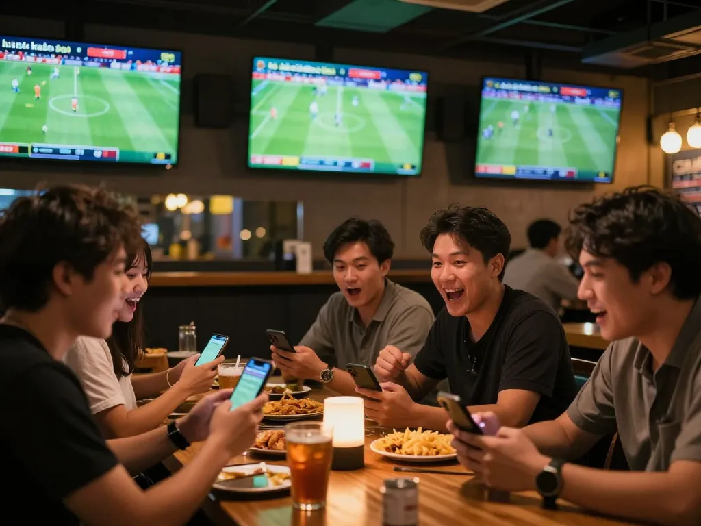 Fans celebrating while placing kèo bóng đá trực tuyến bets in a lively sports bar during live matches.