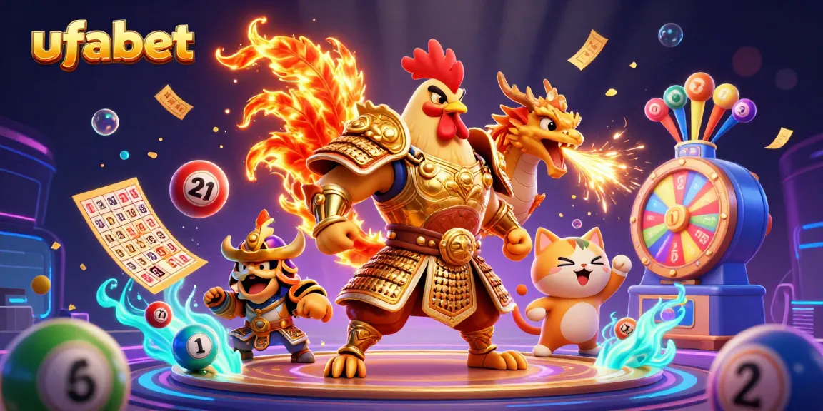 Experience the excitement of ufabet gaming with colorful lottery elements and dynamic characters in a vivid casino scene.