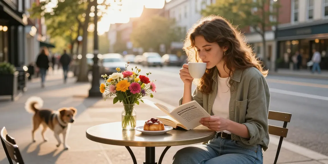 Young woman with a crush on love reading a book at a café.