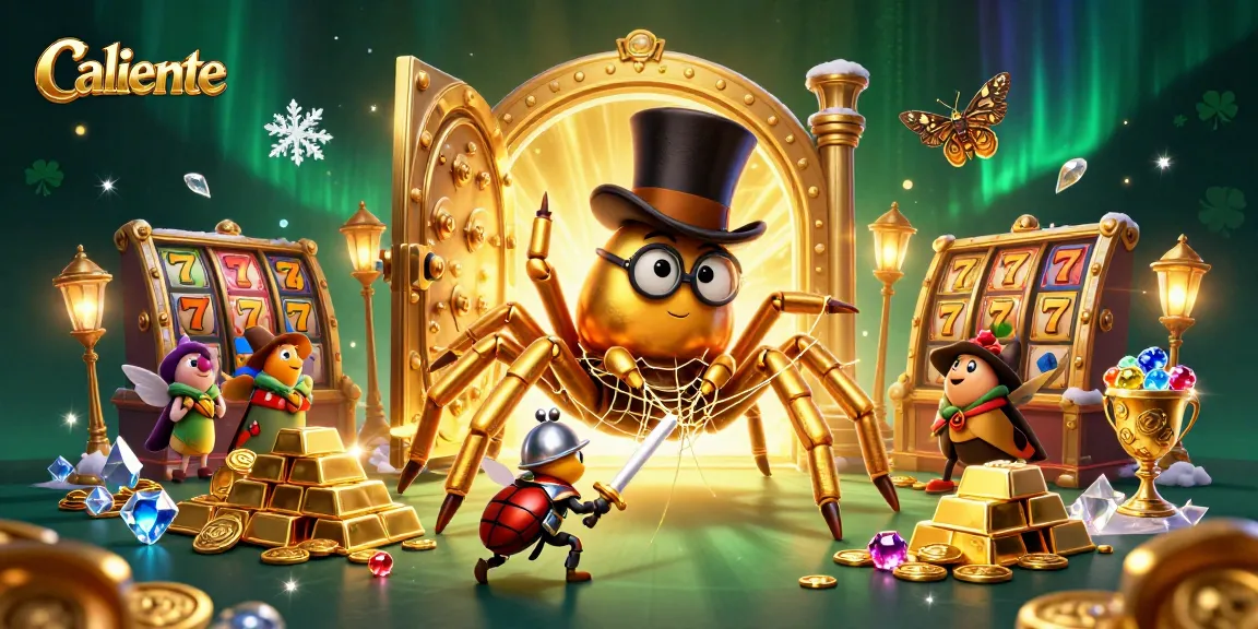 Experience the thrill of Caliente with a cartoon scene of a golden tarantula and treasure amidst dazzling casino elements.