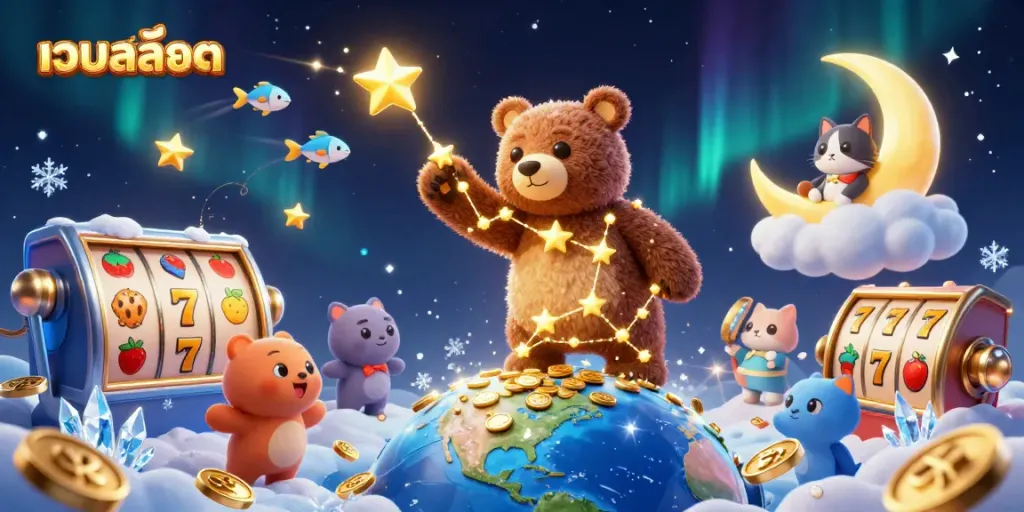 Experience the excitement of เว็บสล็อต with a colorful 3D illustration featuring a constellation bear, coins, and slot elements.
