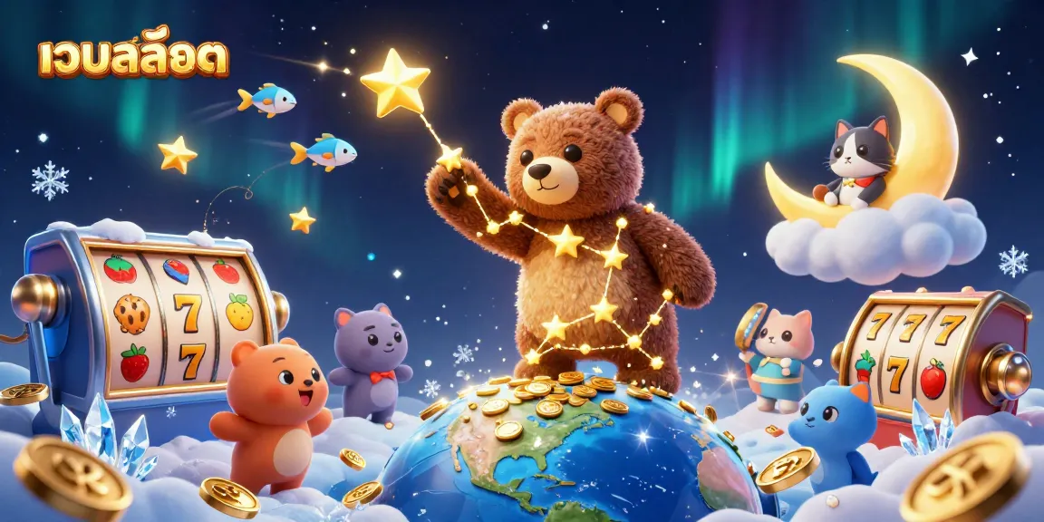 Experience the excitement of เว็บสล็อต with a colorful 3D illustration featuring a constellation bear, coins, and slot elements.