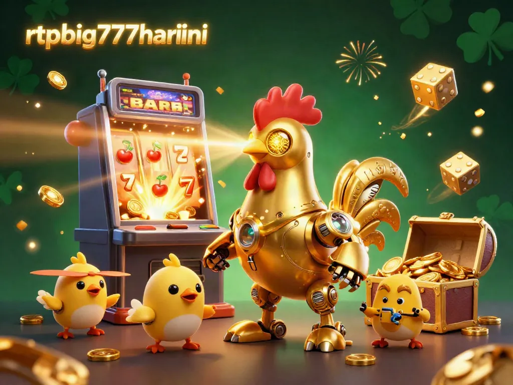 Engage with rtpbig777hariini's vibrant gaming scene, featuring a golden rooster robot and slot machine action.