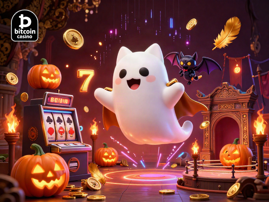 Experience the vibrant atmosphere of the bitcoin casino with a ghost cat and bat amidst dynamic games and glowing tokens.