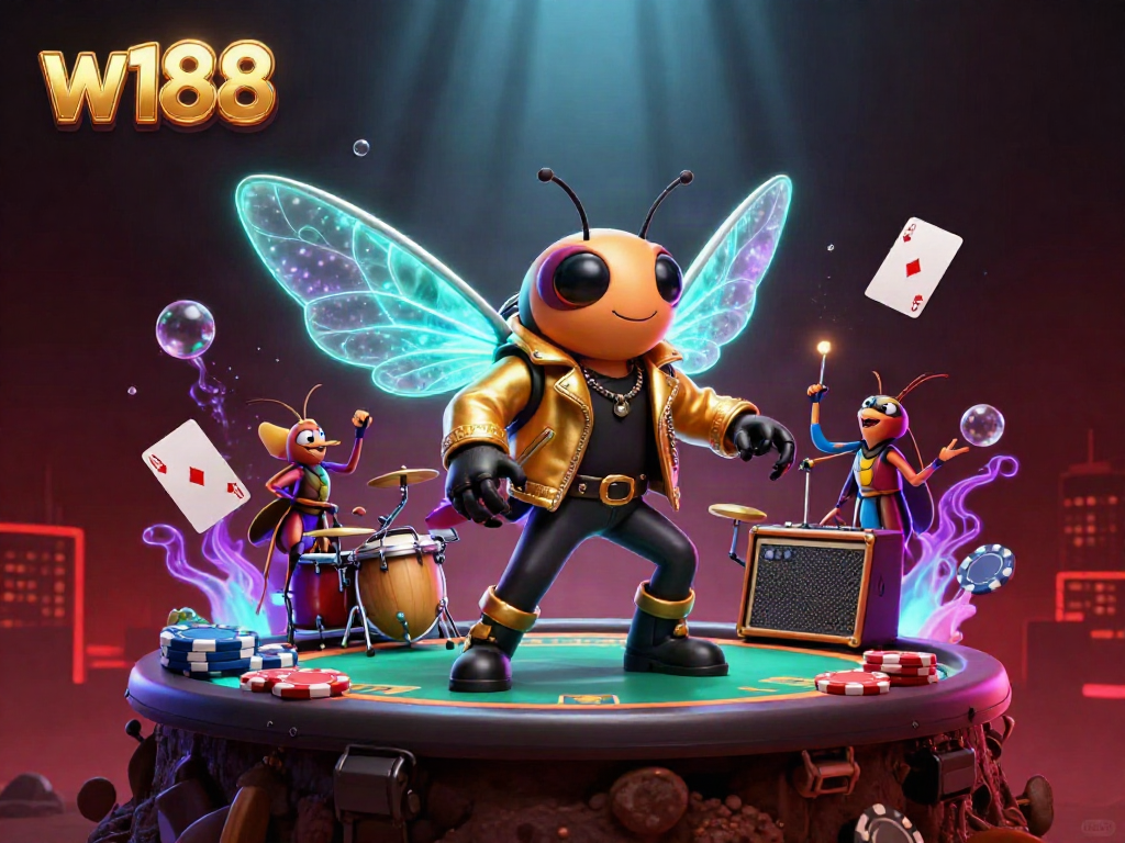 Exciting w188 poker scene featuring a rock star cicada, a beetle drummer, and flying chips.