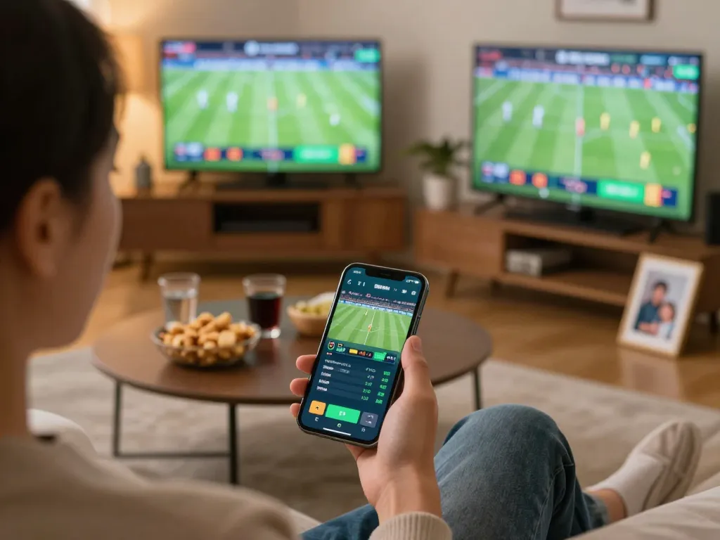 Engaging sports betting via mobile app with Net88 during a live football game while relaxing on a couch