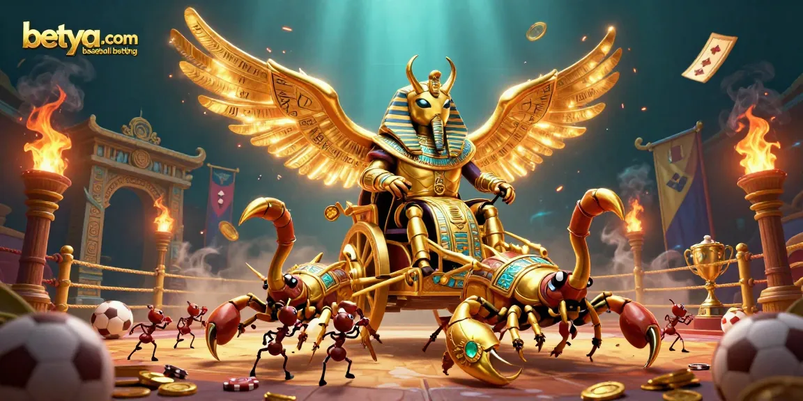 Experience the excitement of betya.com baseball betting with a grand 3D scene of a golden scarab and sports elements.