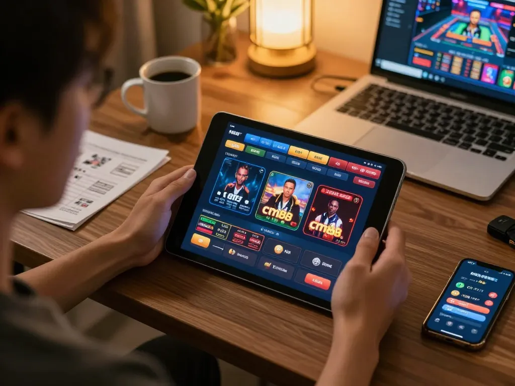 Engaging view of a player interacting with the nhà cái cm88 online casino platform on a tablet, set in a cozy home.