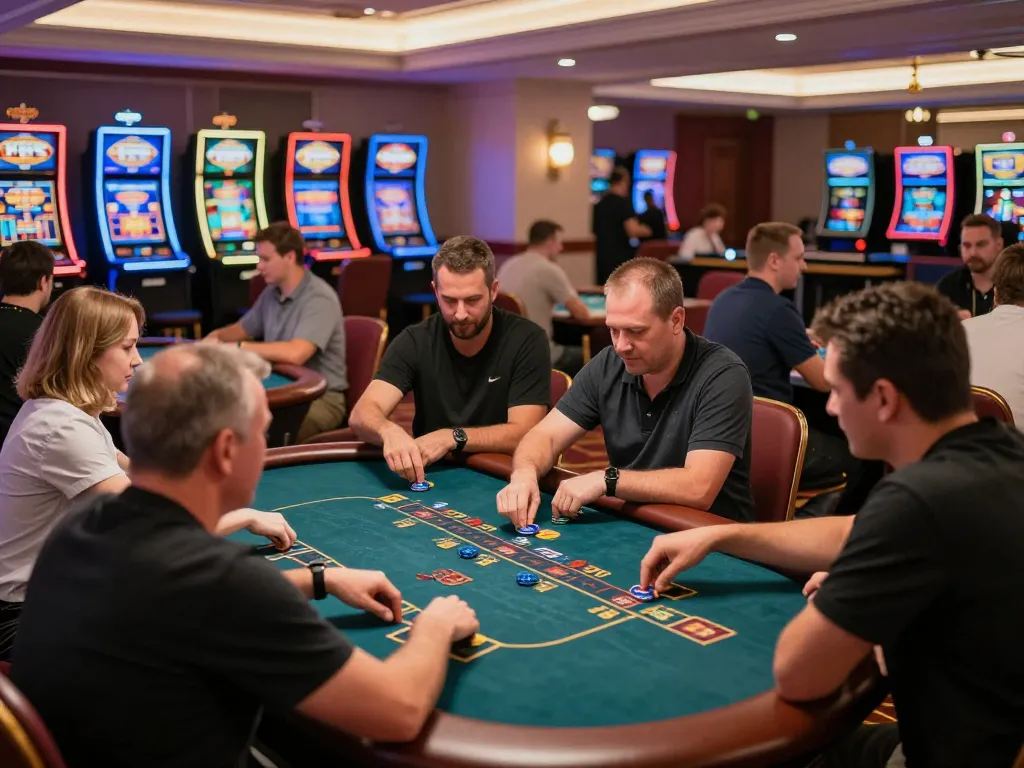 Players enjoying dynamic gameplay at 8KBET casino, vibrant atmosphere with colorful gaming tables.