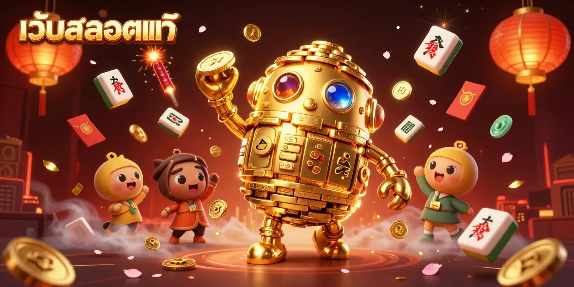 Engage with the exciting world of เว็บสล็อตแท้, featuring a golden golem, vibrant game symbols, and festive elements.