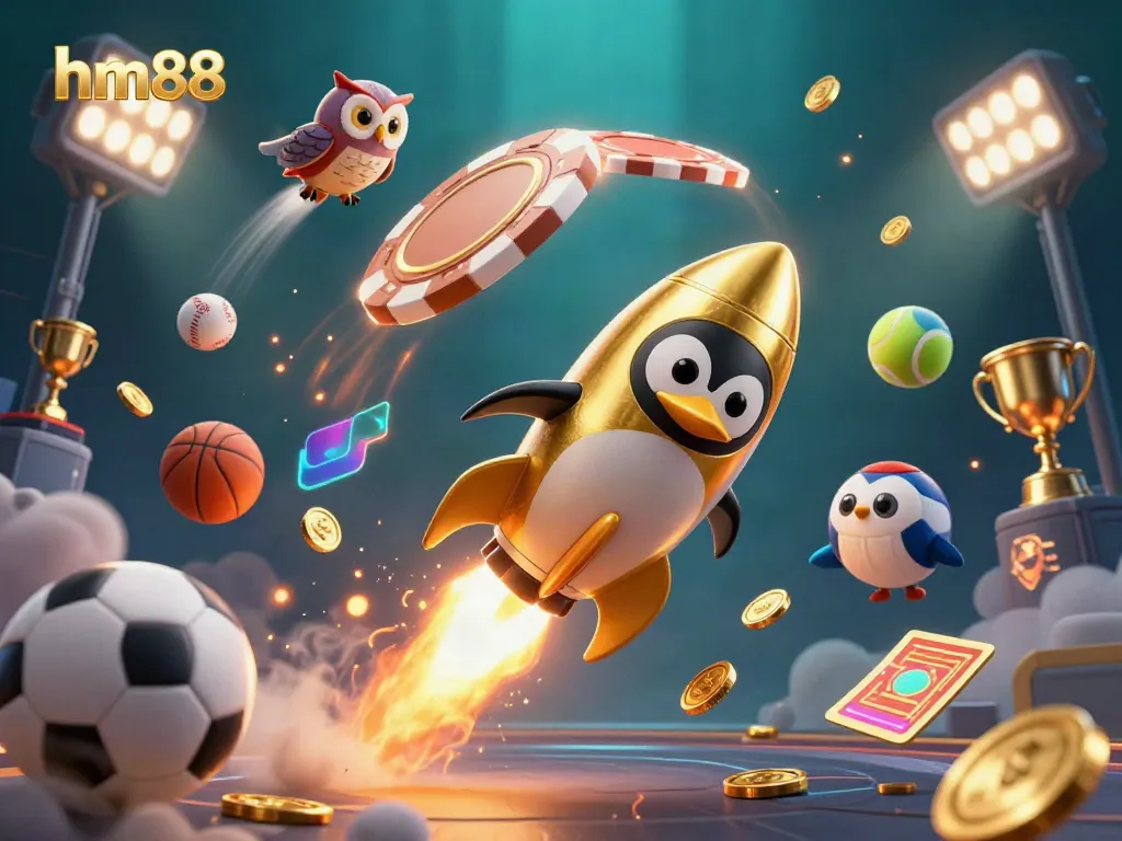 Entertain with HM88 as a golden penguin heads to a vibrant casino space, filled with excitement and gaming elements.