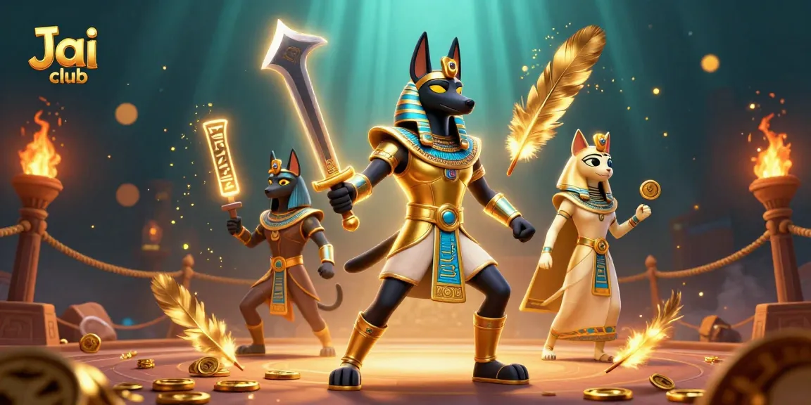 Engage in thrilling gameplay on Jai club with ancient warrior Anubis and sacred cat Bastet amidst dynamic casino elements.