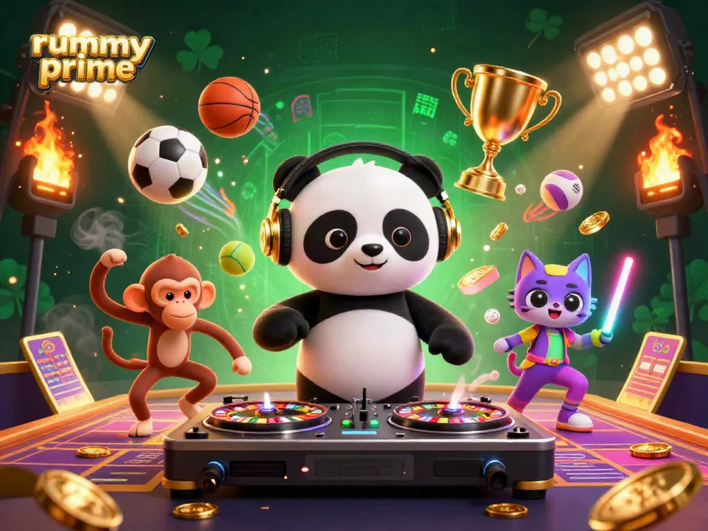 Engage with rummy prime's vibrant gaming culture through a dynamic scene featuring a DJ panda, dance floor, and lively elements.