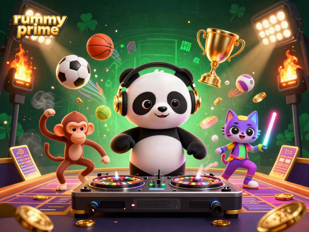 Engage with rummy prime's vibrant gaming culture through a dynamic scene featuring a DJ panda, dance floor, and lively elements.