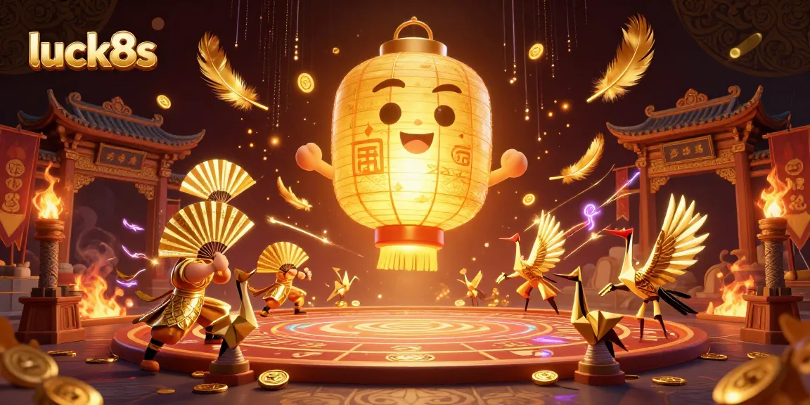 Engage with luck8s in a vibrant casino scene featuring a golden lantern spirit and warriors.