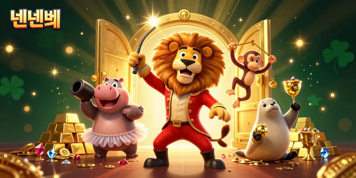 Experience the thrill of 텐텐벳 with a lively circus-themed illustration of casino games, featuring playful characters and shimmering treasures.