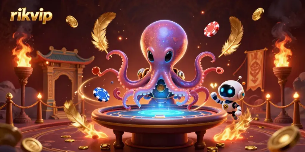 Engage in thrilling poker at rikvip with a cosmic alien octopus and robot, amid swirling golden enchantments.