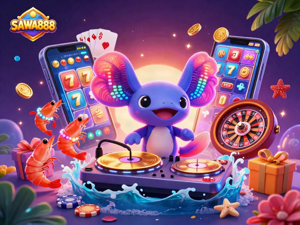 Engage with SAWA888 in this vibrant casino scene featuring a DJ axolotl and colorful slot games.