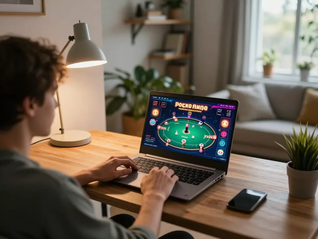 Engaging in an online poker game while accessing ทางเข้า m117 on a laptop