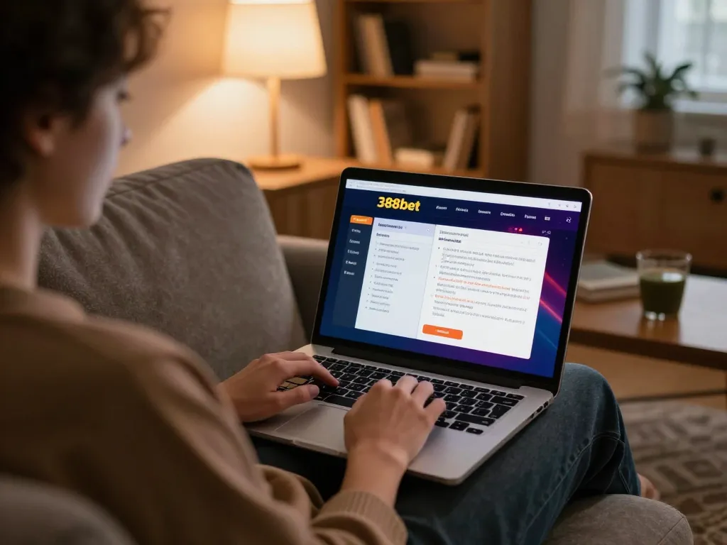 Engaging with 388bet's online gaming interface at home, showcasing strategic notes for responsible gambling.