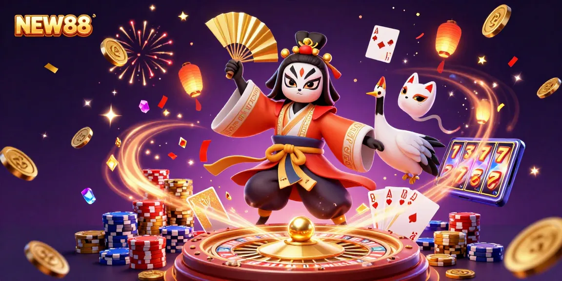NEW88 captivates players with vibrant casino elements and energetic characters in an engaging betting scene.