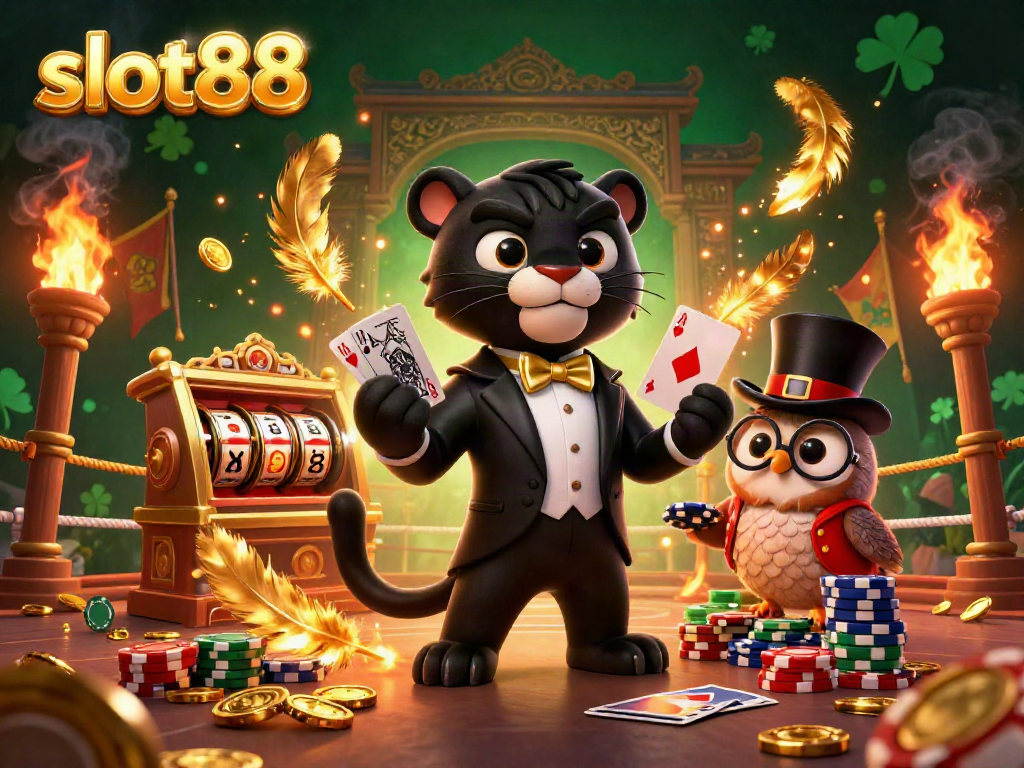 Engage with slot88 gaming action as a stylish panther deals cards amidst vibrant casino elements.