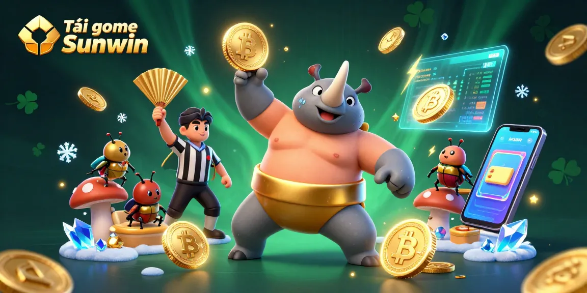 Engage with Tải game Sunwin featuring a powerful rhinoceros beetle champion surrounded by dynamic crypto elements.