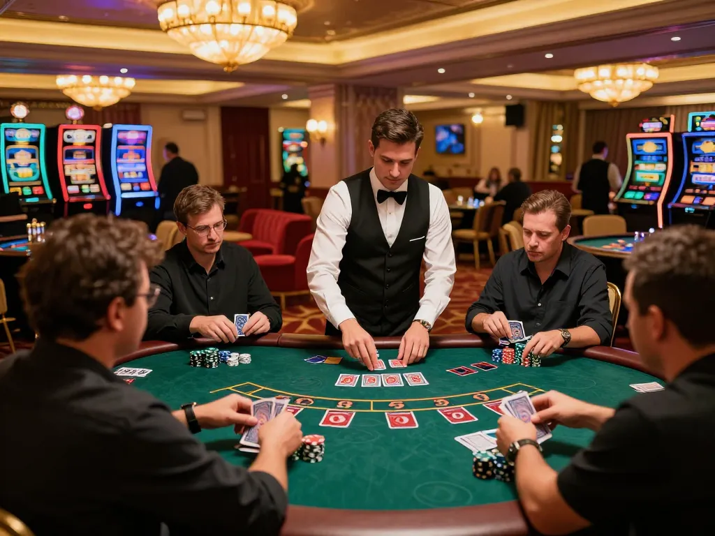 W69 players strategizing bets at a blackjack table in a vibrant casino atmosphere.