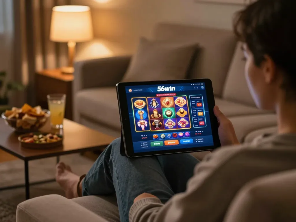 Person engaging with the 56win casino app on tablet, showcasing online gaming experience.