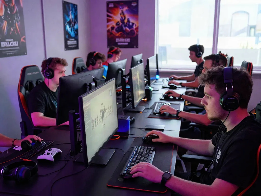 Hotwin88 gaming scene featuring excited players immersed in a dynamic online gaming setup.