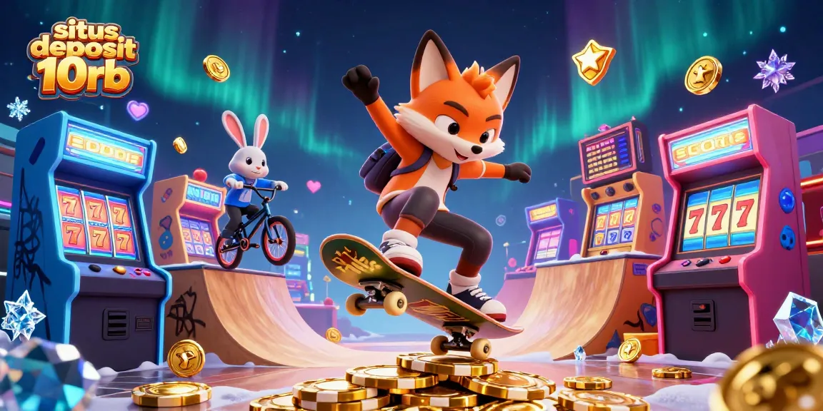 Experience situs deposit 10rb with a vibrant scene featuring a skateboarding fox and BMX rabbit in a casino-themed arcade.