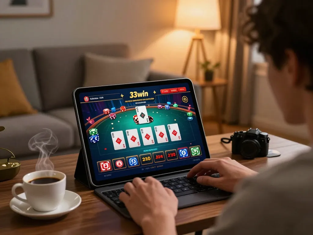 A player enjoying the 33win casino app on a tablet in a cozy living room, focusing on gameplay and strategic betting.