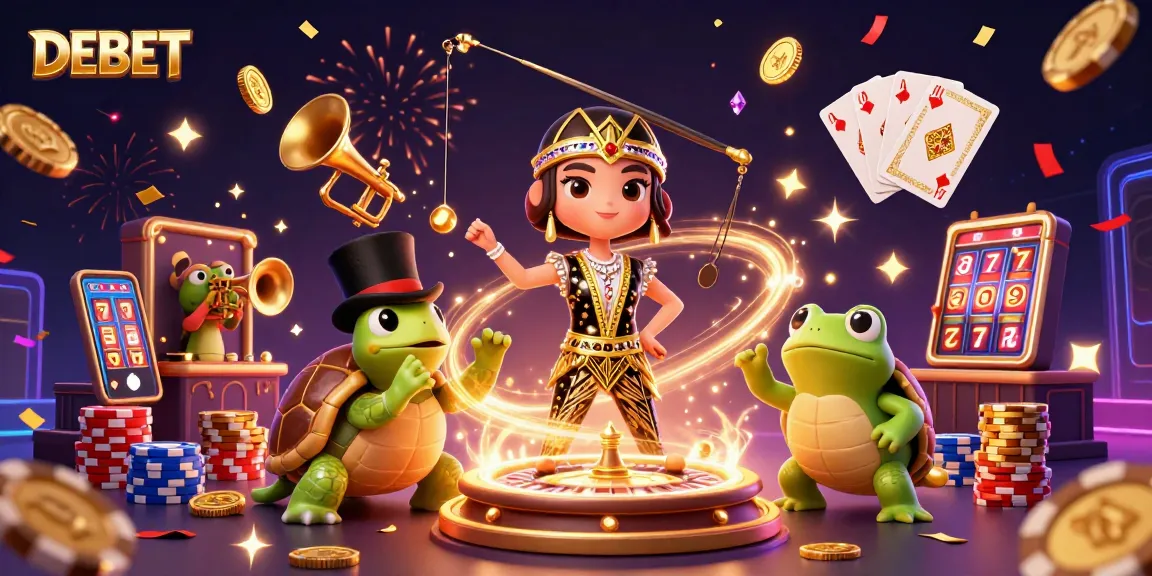 Bet with DEBET as colorful characters celebrate at a vibrant casino bar scene.