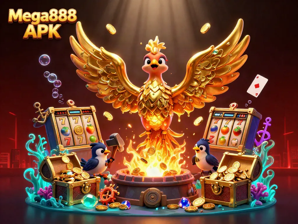 Engage with Mega888 APK in this vibrant digital casino scene showcasing a molten golden phoenix and exciting game elements.