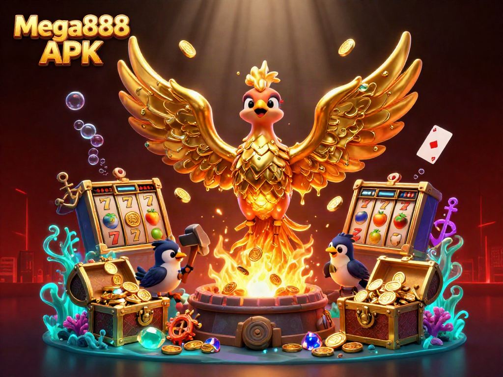 Engage with Mega888 APK in this vibrant digital casino scene showcasing a molten golden phoenix and exciting game elements.