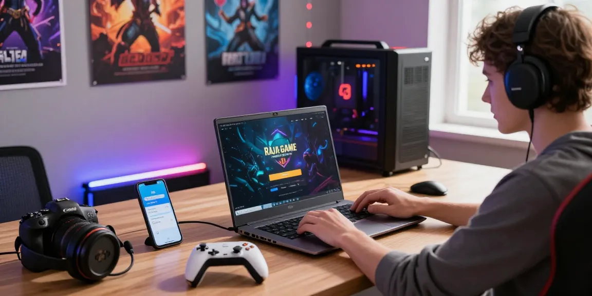 Engaged player using Raja Game login on laptop surrounded by gaming accessories