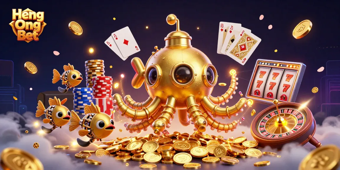 Engage in thrilling gameplay with Heng Ong Bet’s vibrant casino scene featuring golden kraken and slot elements.