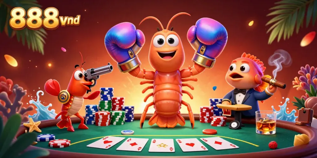 Experience the thrill of 888vnd as a mantis shrimp and friends showcase poker excitement in this vibrant illustration.