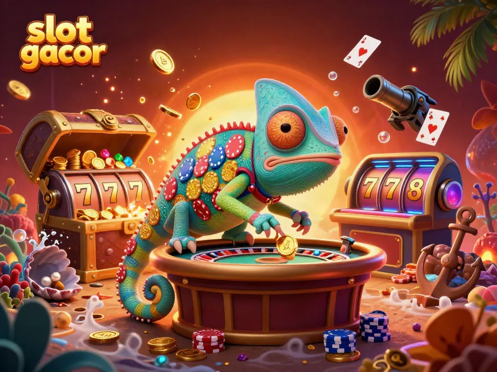 Experience the thrill of slot gacor with a colorful scene of a chameleon casino owner amidst vibrant slot machines and treasures.