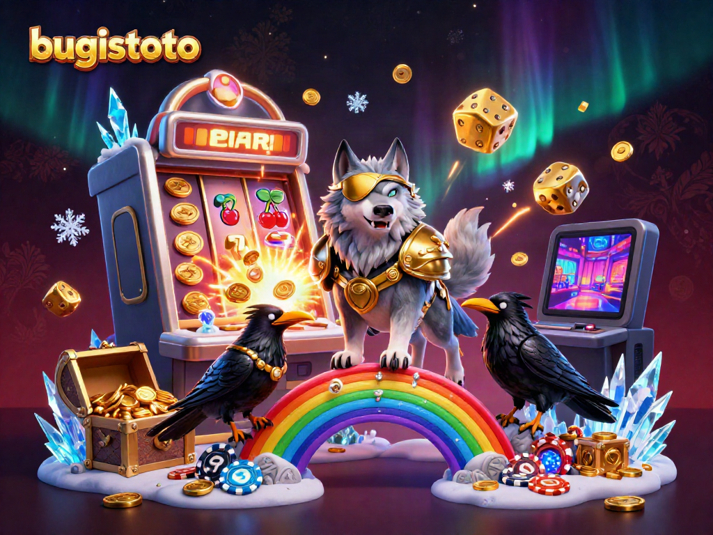 Engage in thrilling gaming experiences at bugistoto with a vibrant 3D casino illustration showcasing slot machines and vibrant symbols.