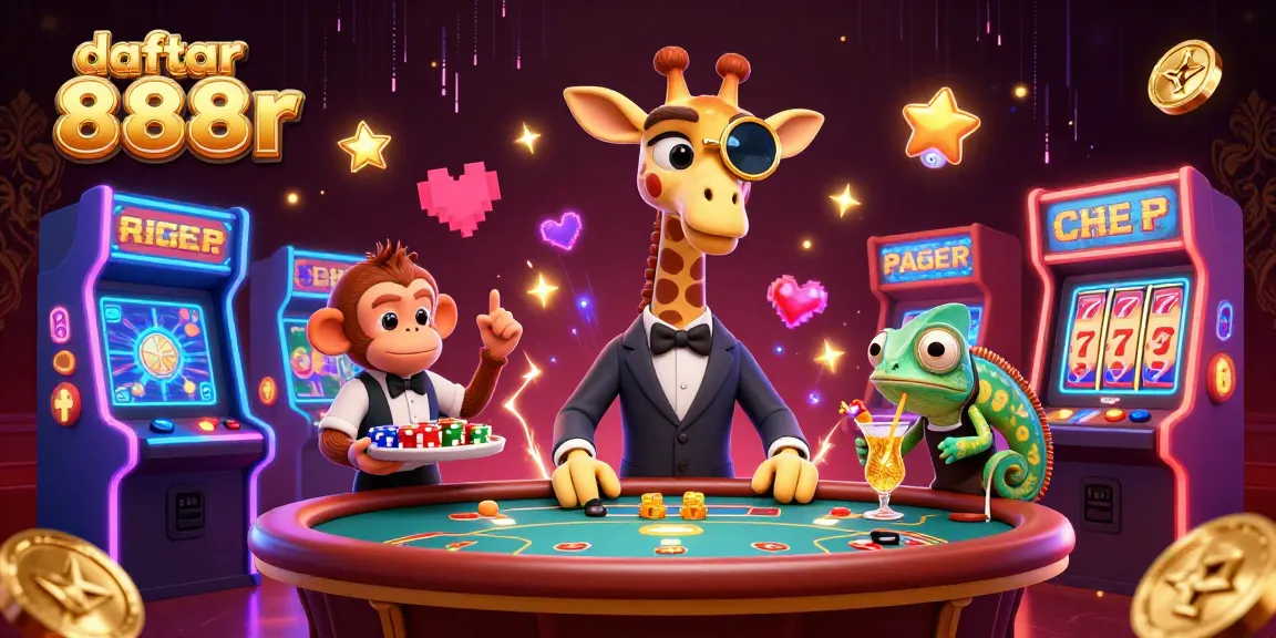 Join the fun with daftar 888r at this vibrant 3D casino scene featuring a high-roller giraffe and lively gameplay elements.