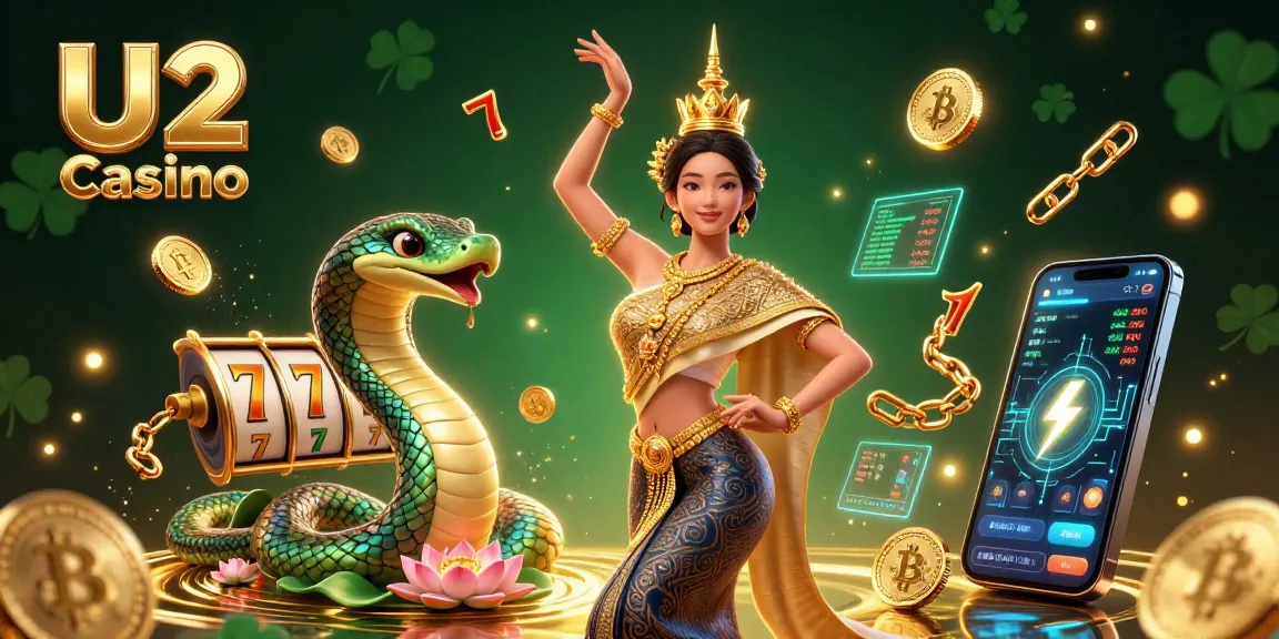 Engage with U2 Casino's thrilling slot games in a vibrant casino environment featuring a Thai dancer, Naga serpent, and crypto elements.