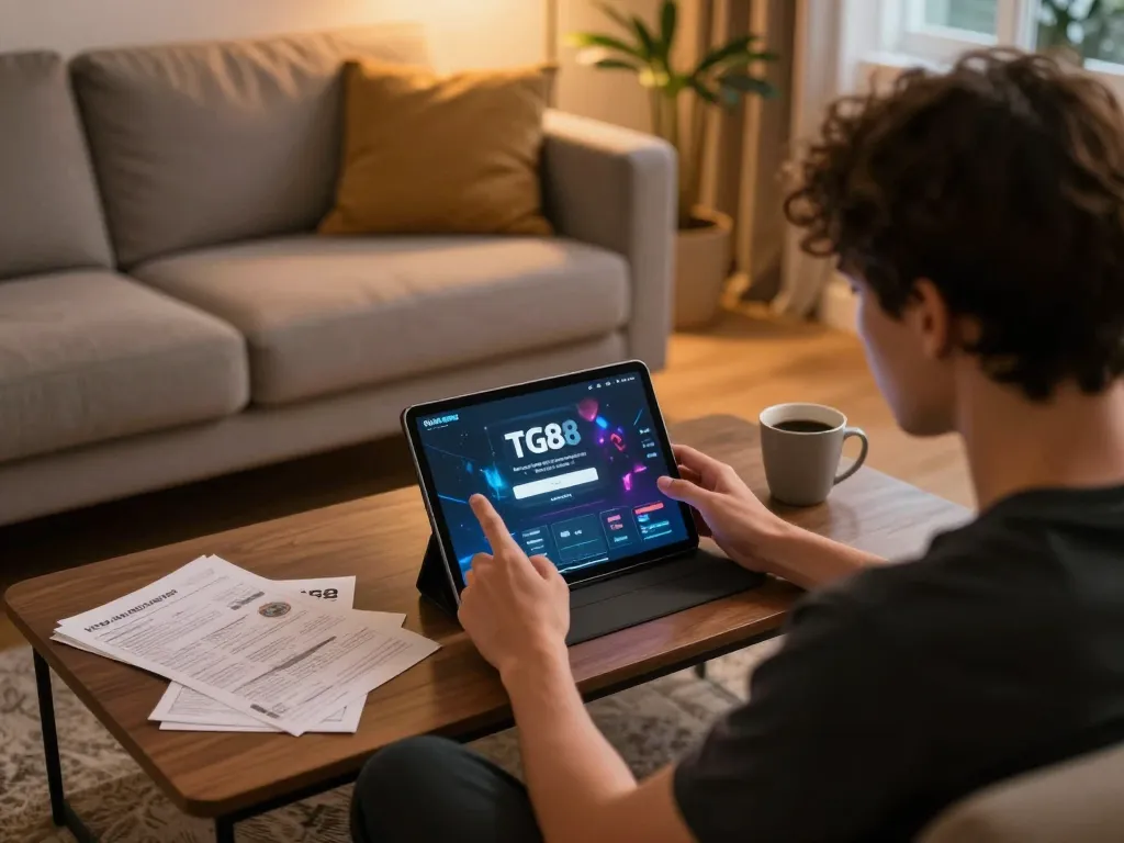 Engaging in online gaming with tg88 đăng nhập from a cozy home setup, displaying login interface on tablet.